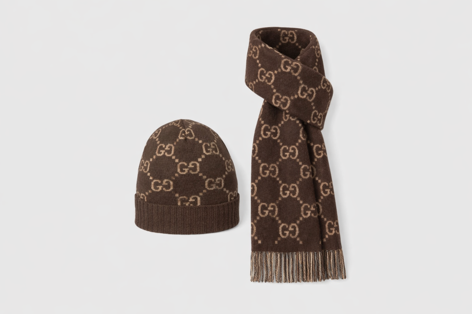 Bonnet et écharpe GG marron